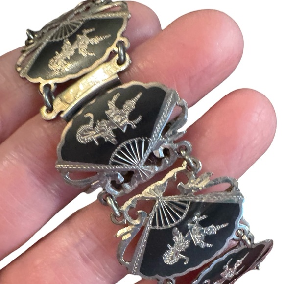 Elegant Vintage Siam Sterling 925 Black Silver Thai Goddess Nielo Bracelet - Picture 7 of 10